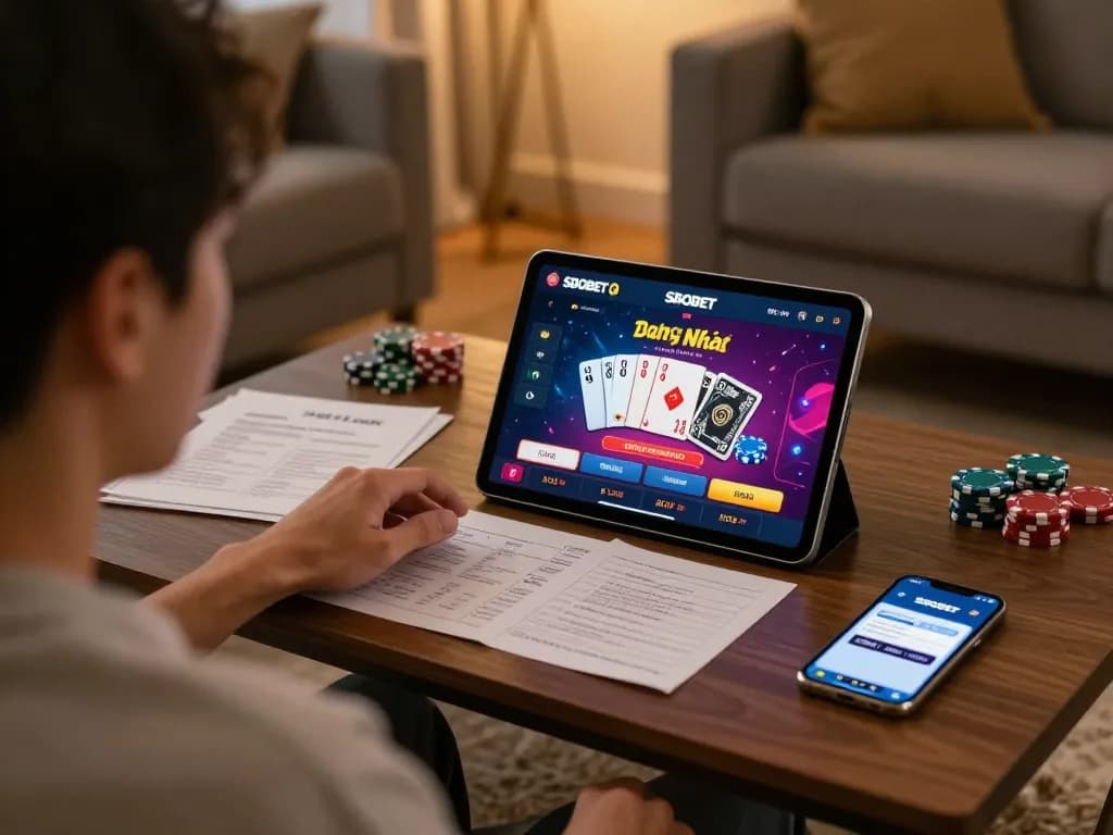 SBOBET Đăng Nhập in action with a player using a tablet for online gambling at home, highlighting the gaming interface.
