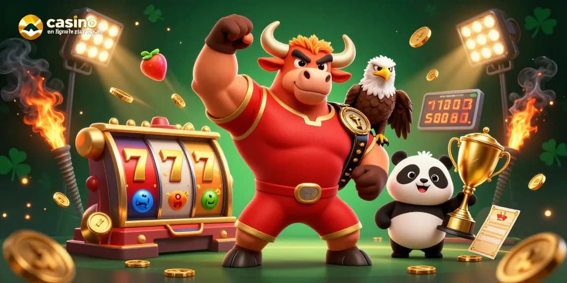 Casino en ligne le plus payant : célébration dynamique avec un taureau, un aigle et un panda.