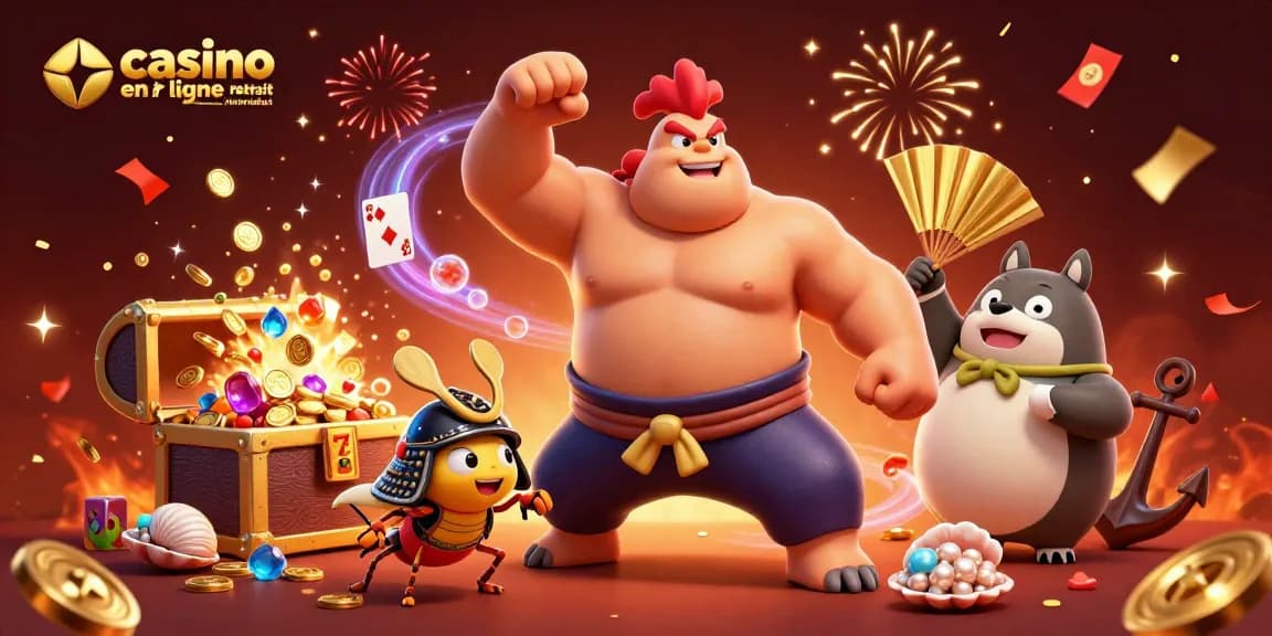 Illustration 3D d'un casino en ligne avec retrait immédiat, mettant en scène un coq, un grillon, et un tanuki.