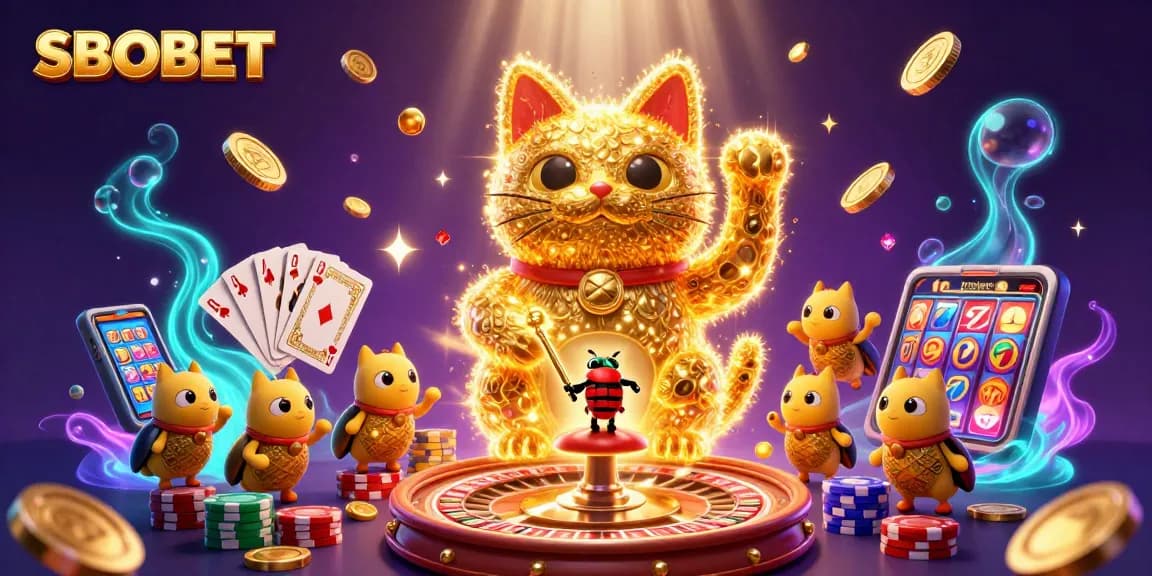 SBOBET showcases a vibrant, exciting scene with golden fireflies, a lucky cat, and casino symbols, perfect for gamblers.