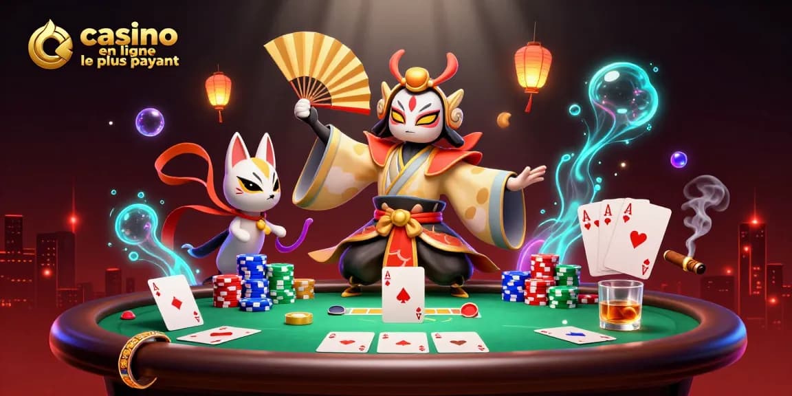 Ambiance de casino en ligne le plus payant, un guerrier kabuki et un masque kitsune autour d'une table de poker.