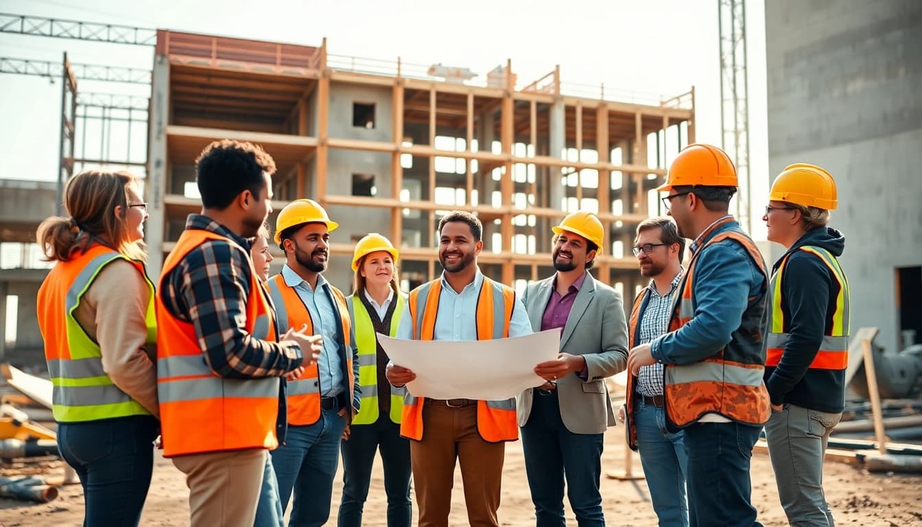 Advocates promoting construction advocacy in the Carolinas, collaborating on site plans amidst a construction project.