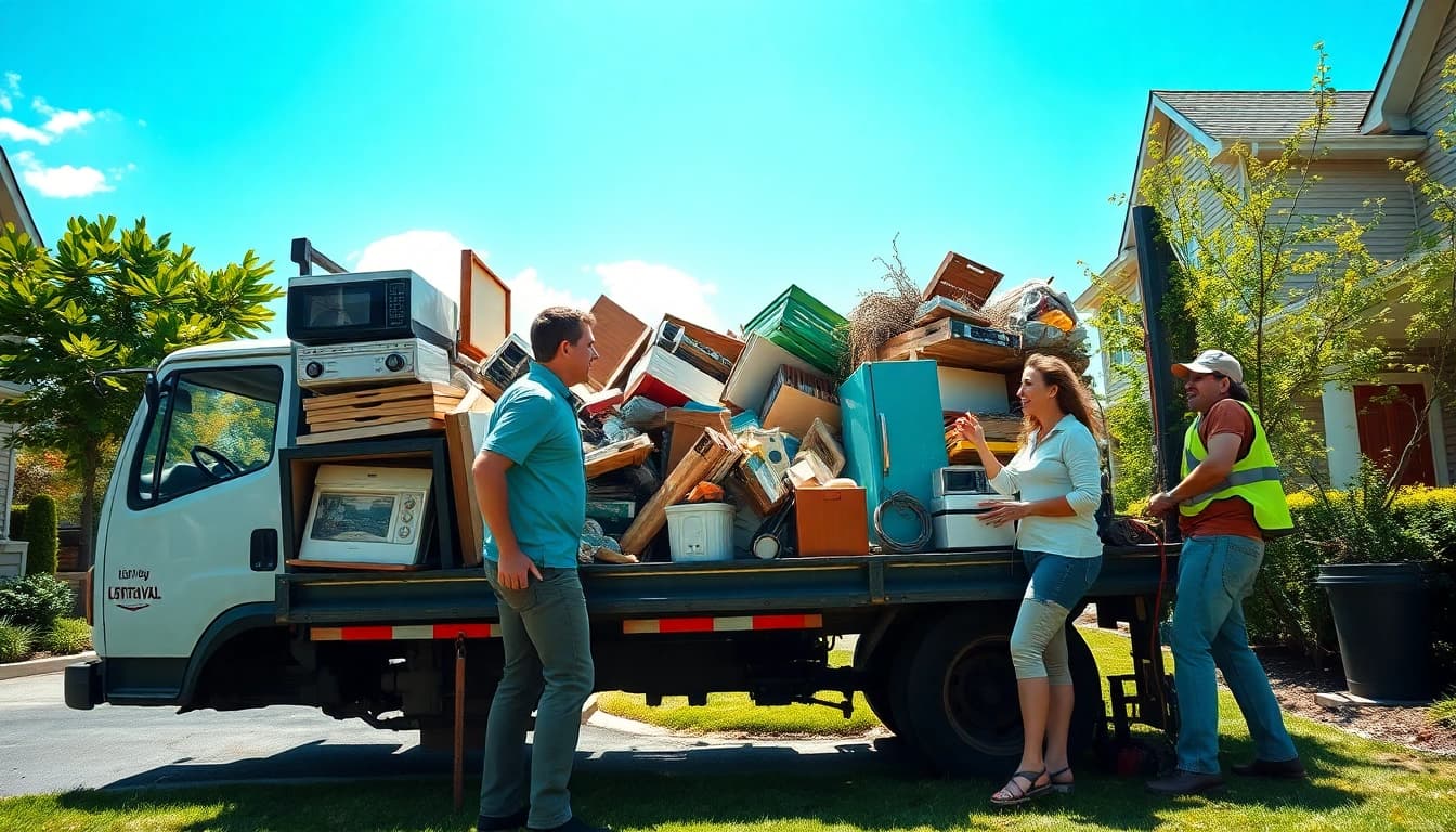 Efficient junk removal team handling appliances and furniture in a clean suburban environment.