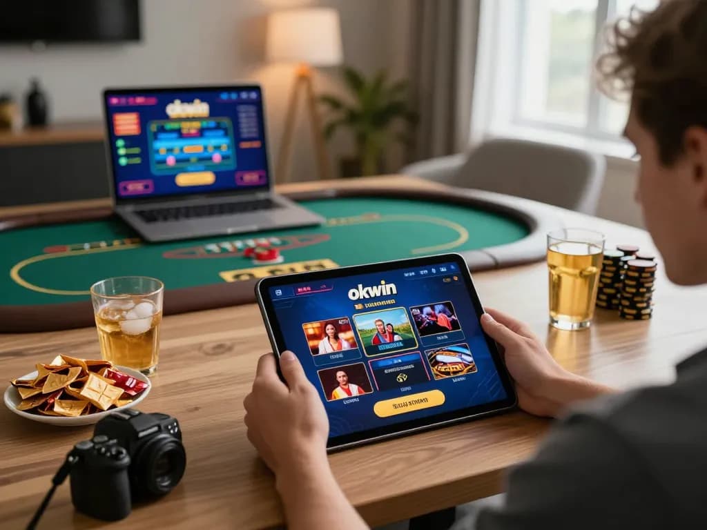 Play exciting casino games on okwin app from a cozy home setup, featuring modern tablet and snacks.