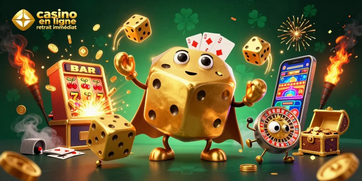Jouez à des jeux comme le casino en ligne retrait immédiat avec une scène dynamique de dés dorés et des machines à sous éclatantes.