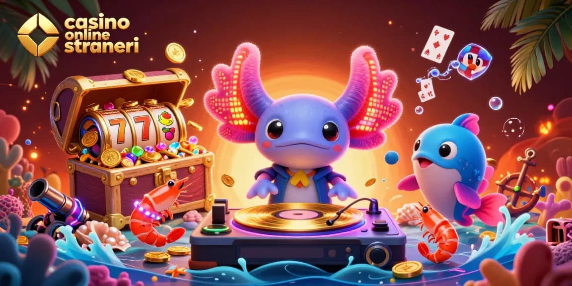 Immagine di un casinò online stranieri con DJ axolotl e creature marine danzanti.