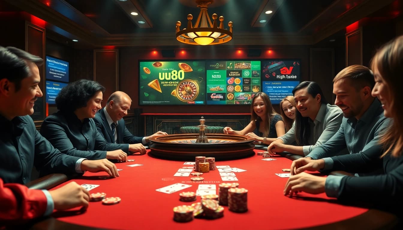 Players engaging in a thrilling poker game at uu88 casino, showcasing dynamic chip stacks and exciting gameplay.