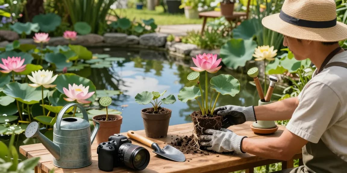 Buy Pond Plants Online - Vibrant pond garden arrangement with colorful plants and gardener, creating a peaceful atmosphere