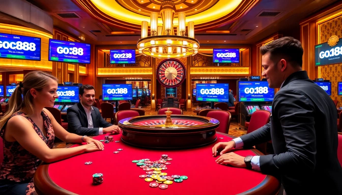 Players strategizing at a go88 poker table, highlighting an exciting casino atmosphere.