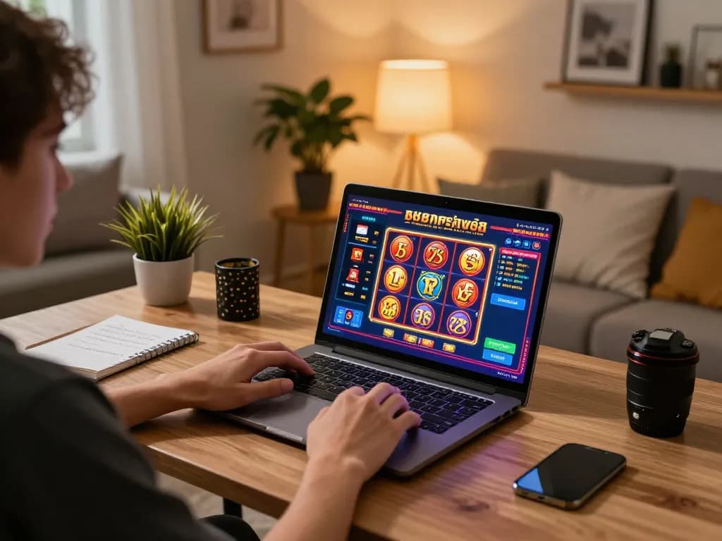 Engaging in bk8 เครดิตฟรี online gaming with strategic controls in a cozy home office setup.