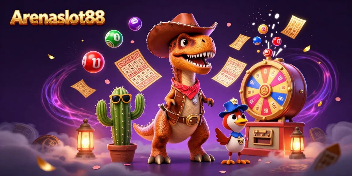 Arenaslot88 menampilkan dino cowboy dalam suasana kasino meriah dengan lotere dan bingo.