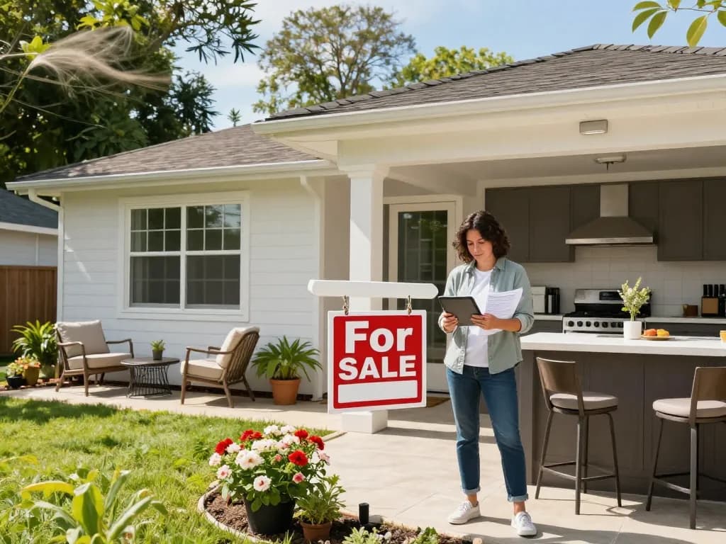 Sell my house fast for cash in front of a beautifully staged home with a homeowner reviewing offers.