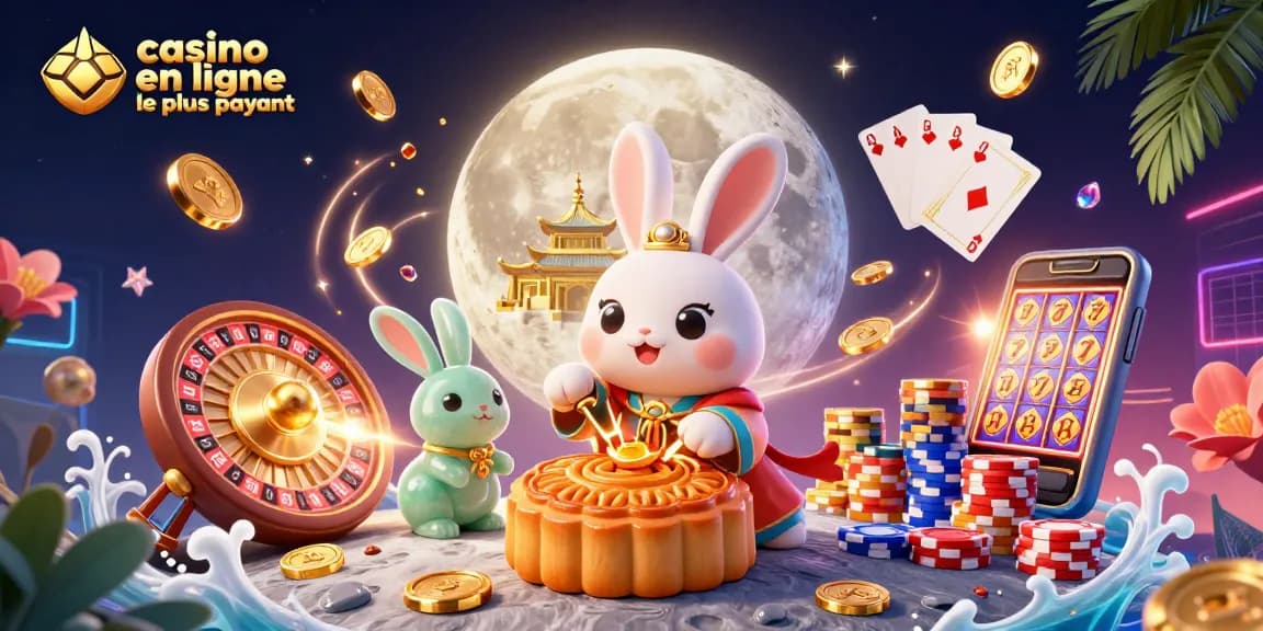 Illustration d'un casino en ligne le plus payant avec un lapin lunaire et des jetons colorés.