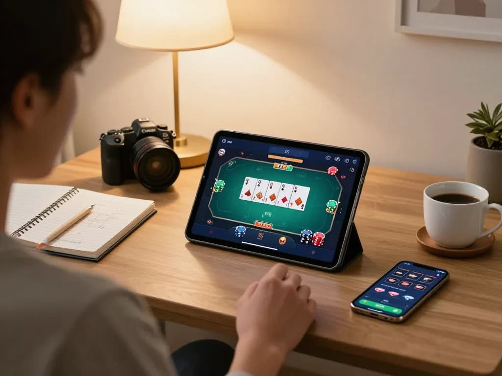 Player enjoying poker on 789club app in a cozy living room with strategic notes and warm lighting