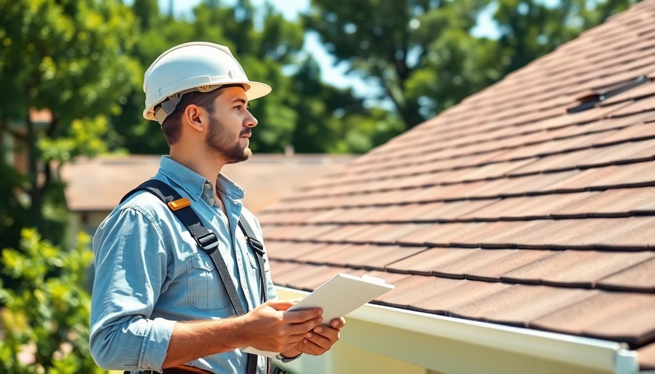 Assessing reliable roofing services with a professional examining a residential roof in a suburban setting.