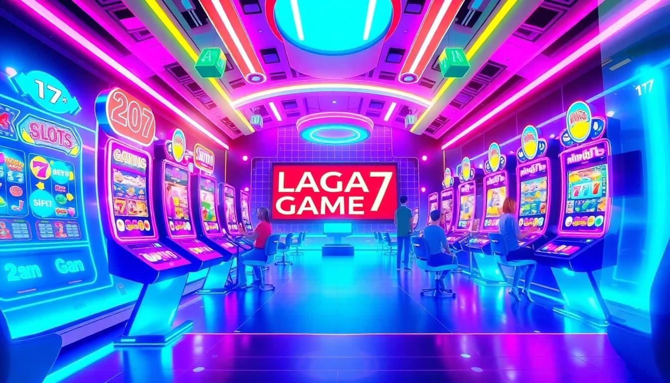 LAGAGAME77 gaming experience with vibrant digital slots and enthusiastic players.