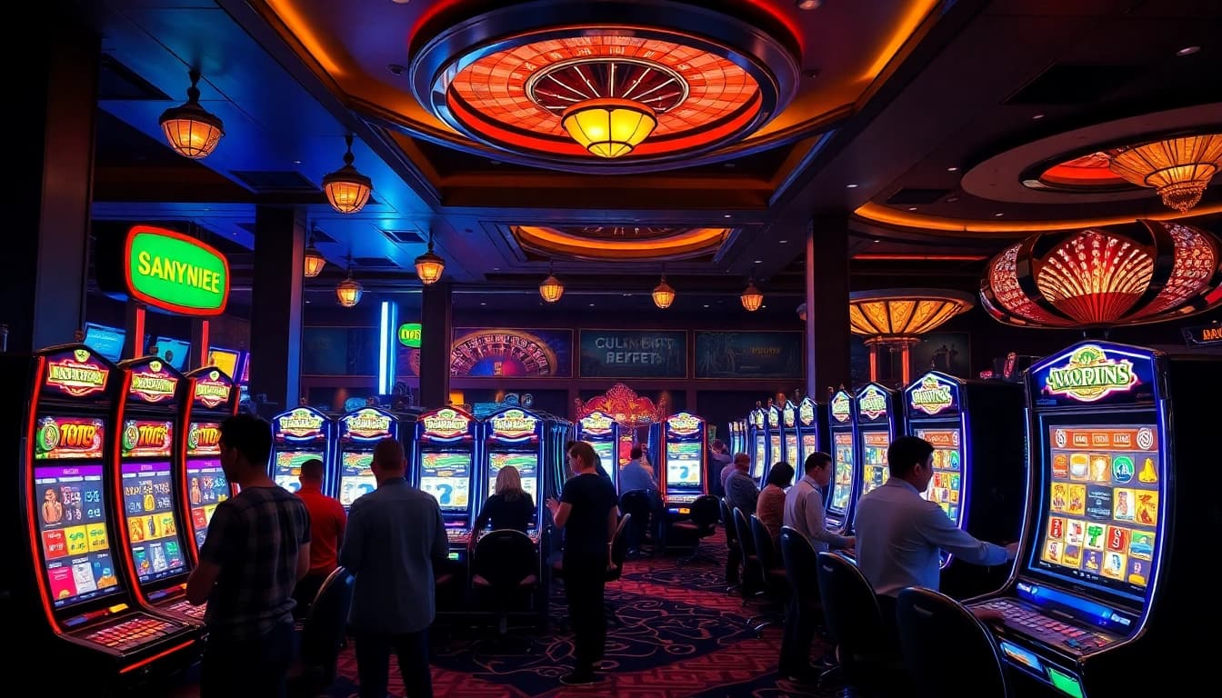Players enjoying slot gacor hari ini machines in a vibrant casino atmosphere.