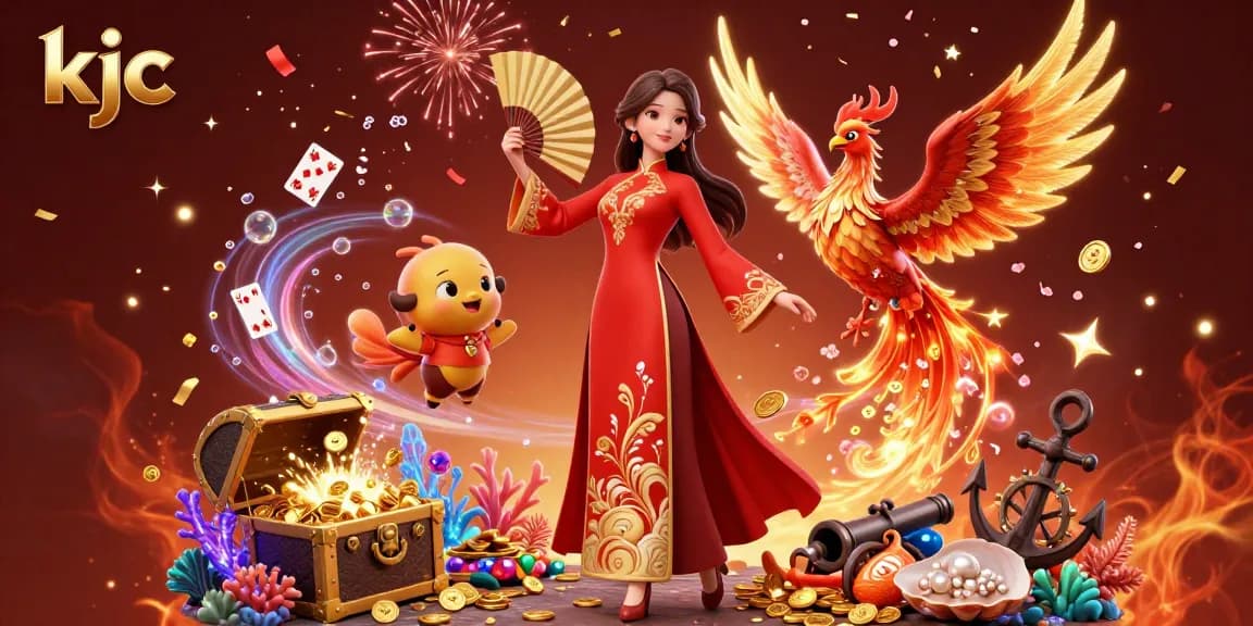 KJC attracts players with a vibrant casino scene featuring a graceful woman and phoenix in harmony.