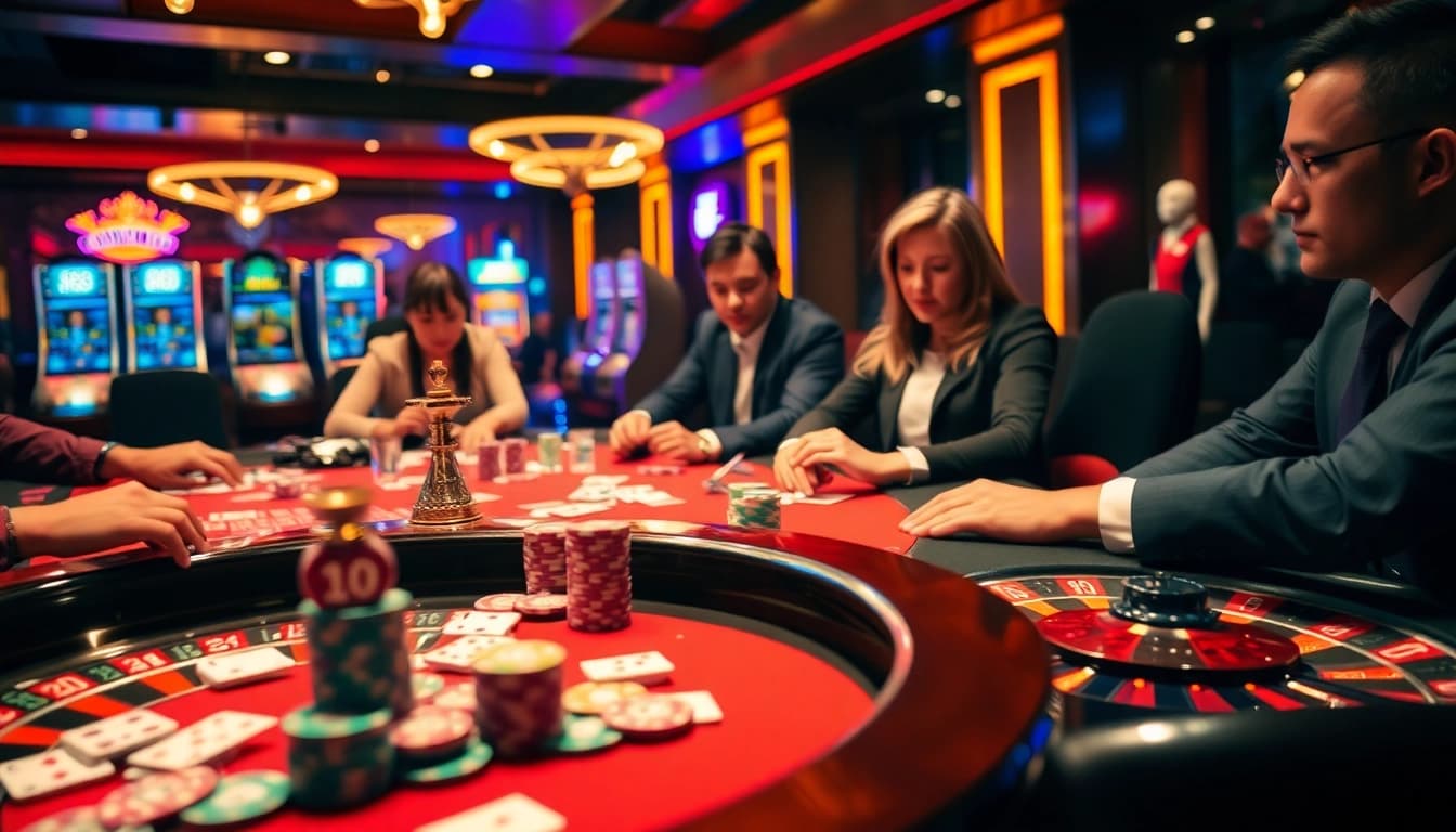 Exciting gambling scene at xin88 with poker chips, cards, and a roulette wheel.