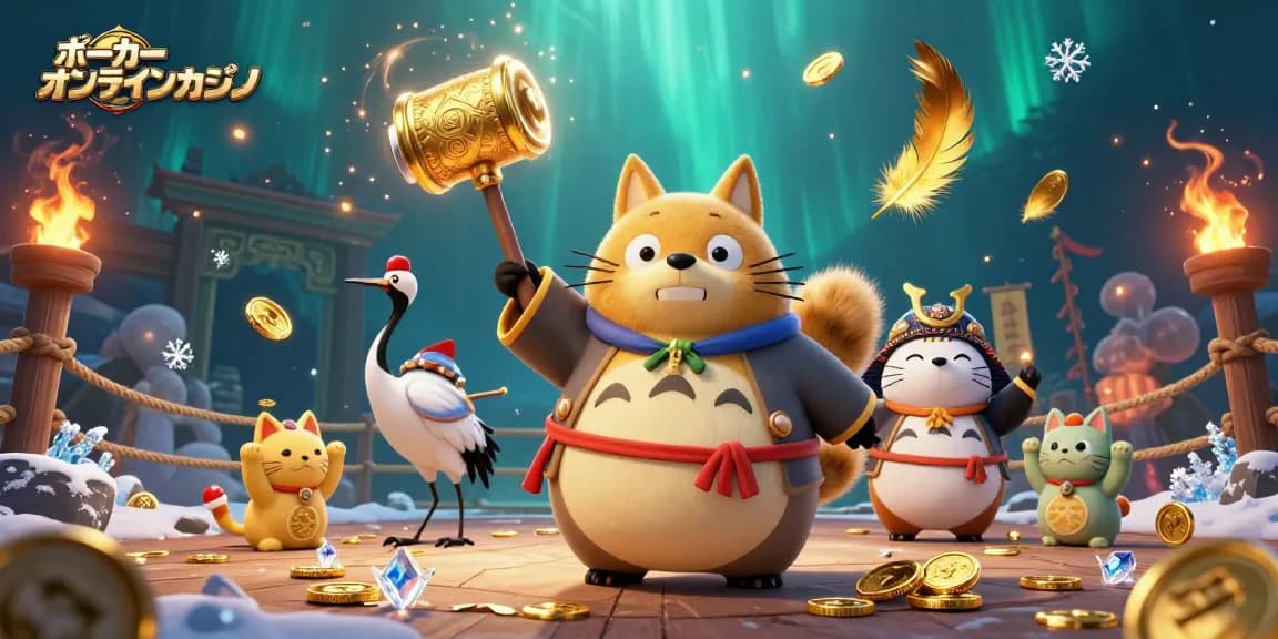 ポーカー オンラインカジノの魅力が満載な3Dイラスト。楽しいタヌキ、クレーン、招き猫たちが描かれています。