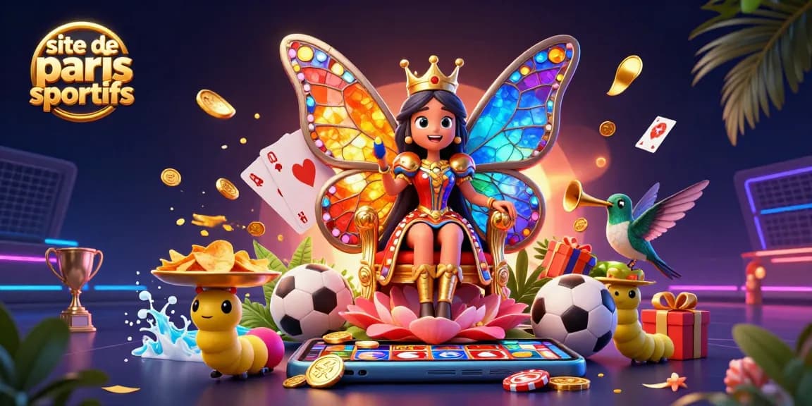 Engagez-vous sur un site de paris sportifs avec une illustration captivante d'une reine papillon entourée d'éléments de jeu excitants.