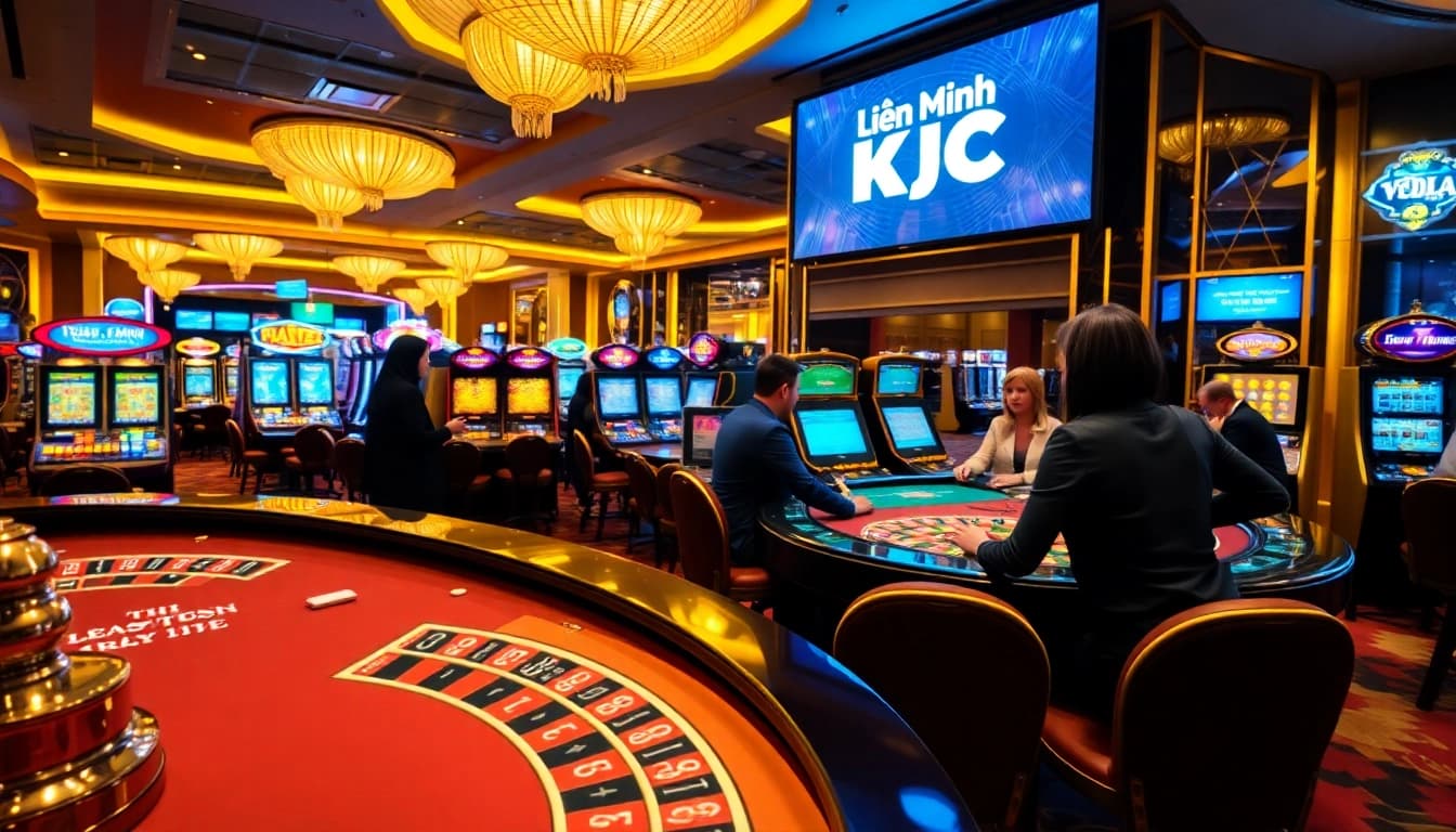 Experience the thrill of Liên Minh KJC at a glamorous casino with vibrant gaming tables and slot machines.