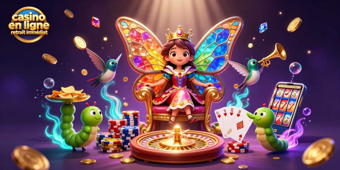 Profitez du casino en ligne retrait immédiat avec une reine papillon majestueuse entourée de décorations scintillantes.