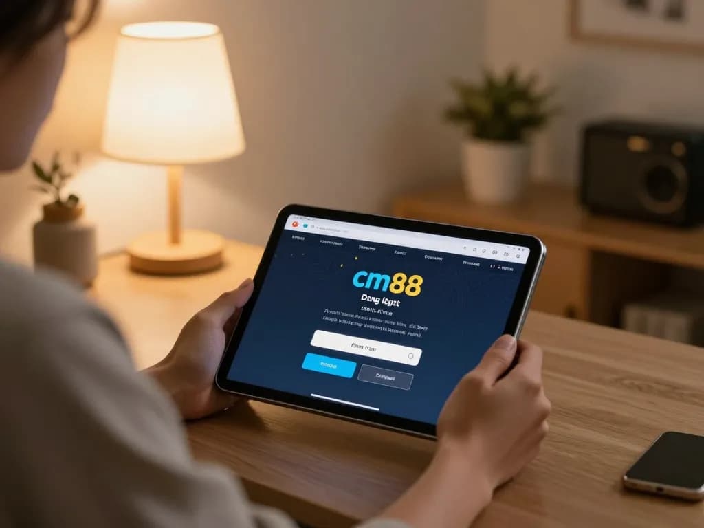 Engaging scene illustrating Đăng nhập cm88 on a tablet during a comfortable home gaming session.