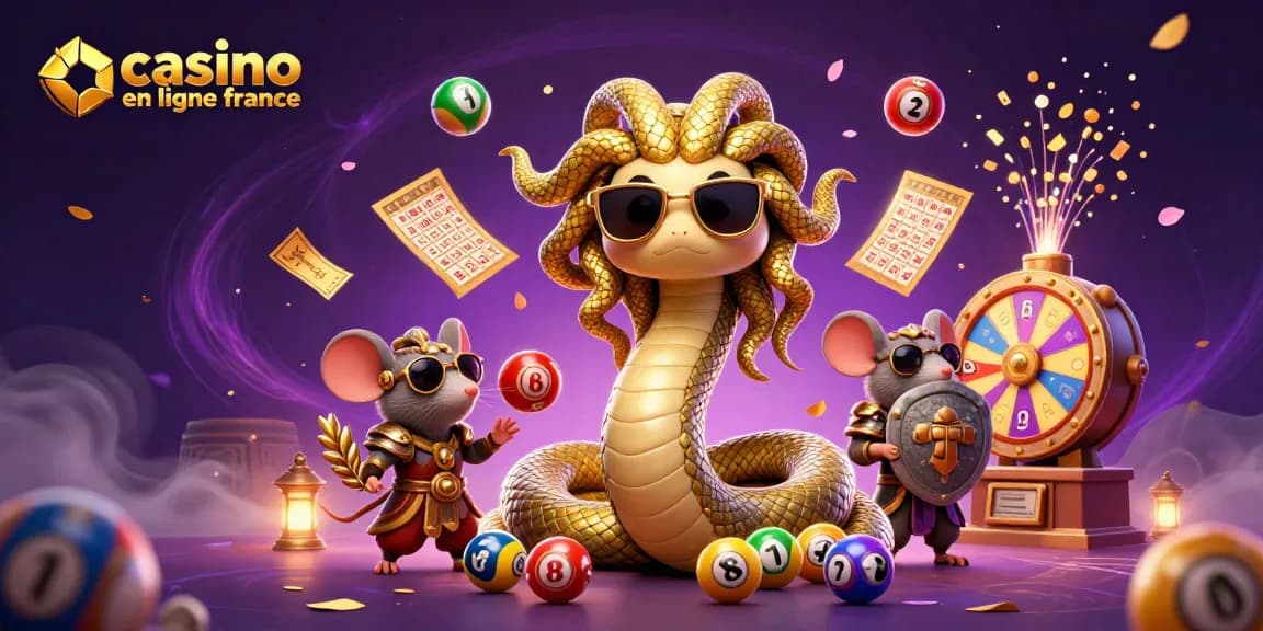 Jouez au casino en ligne France avec Medusa et un guerrier souris dans un univers de loterie dynamique.