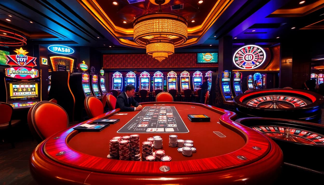 Engaging scene with poker players and vibrant slot machines at trang chủ fly88 casino.