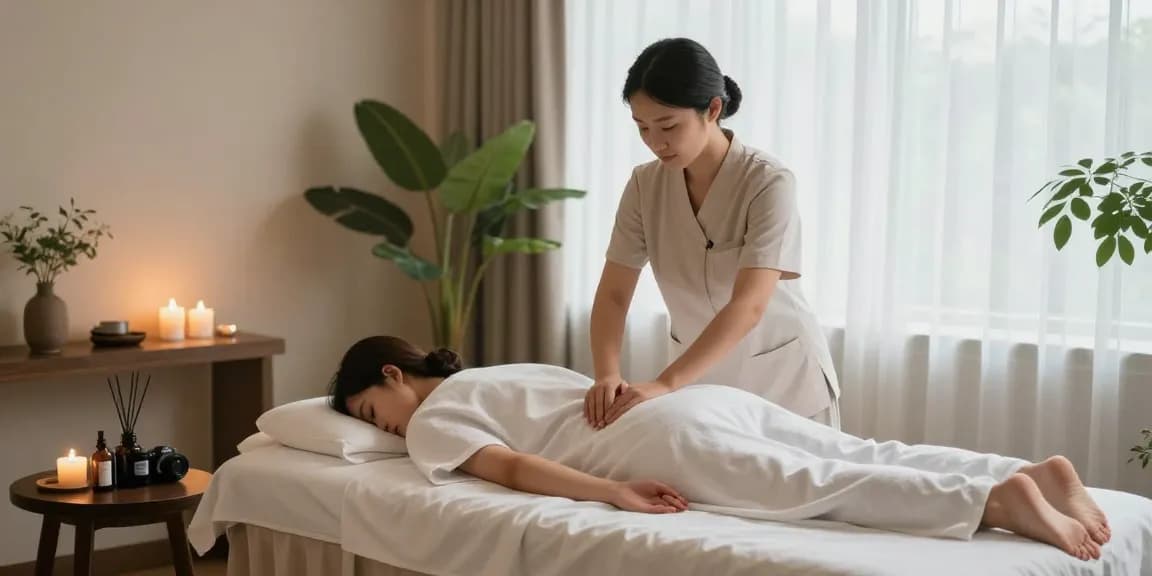 스웨디시 마사지가 진행되는 차분한 스파 환경과 아로마 테라피 요소