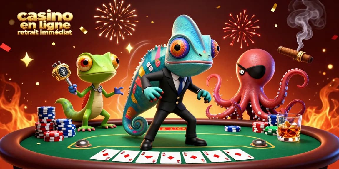 Illustration de casino en ligne retrait immédiat avec un caméléon agent secret et un caméléon animé au poker