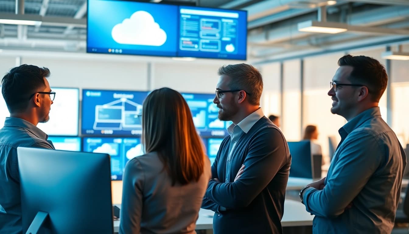 Engaged professionals in VMware Consulting collaborating on virtualization projects in a modern office setting.