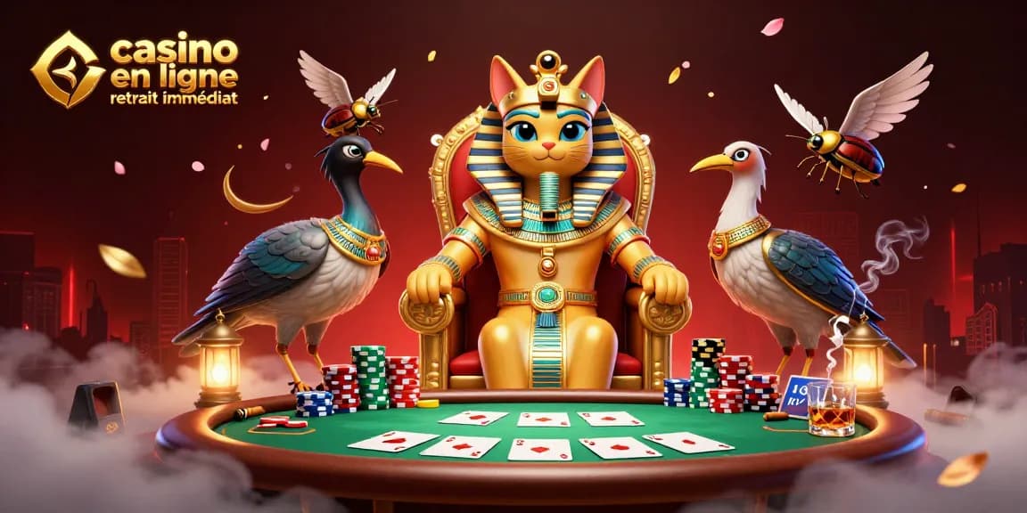 Visitez le casino en ligne à retrait immédiat avec un chat pharaon égyptien sur un trône doré.