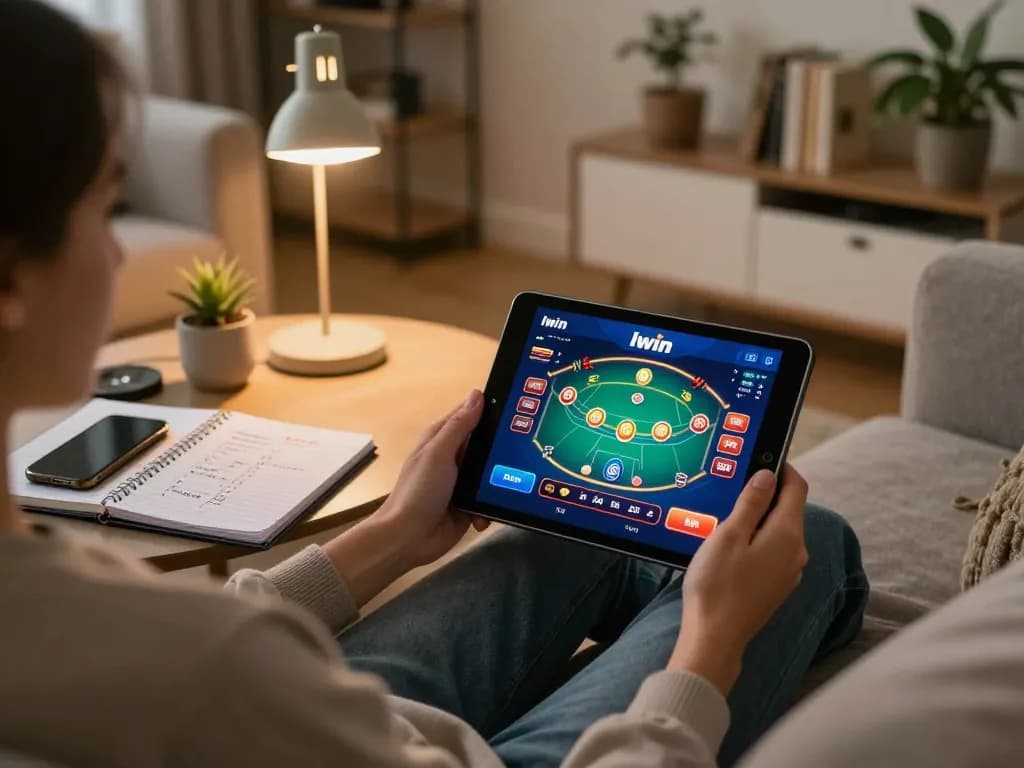 Iwin app animated on a tablet screen during an engaging home gaming session, showcasing vibrant poker gameplay.