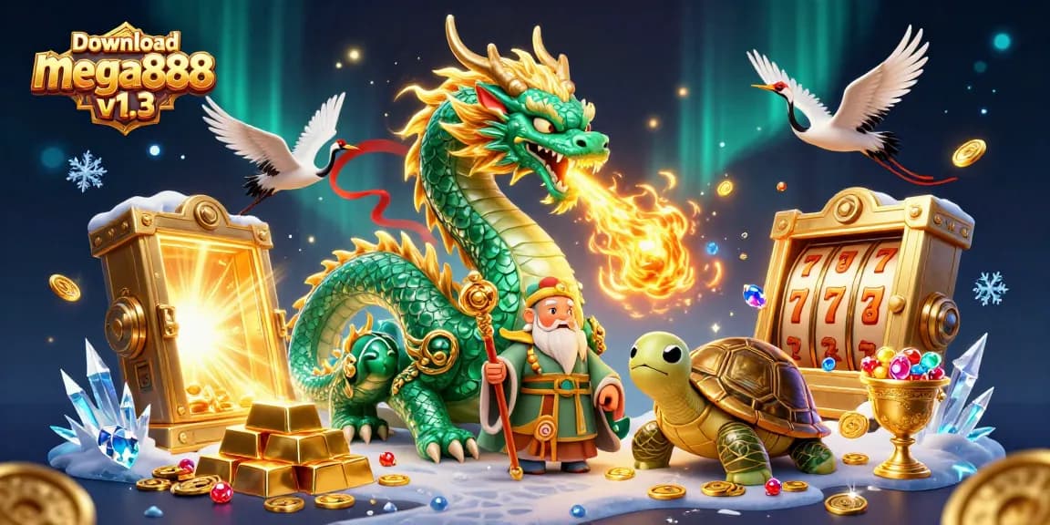 Play and win with download mega888 v1.3, featuring a dragon, turtle sage, and lucky symbols!