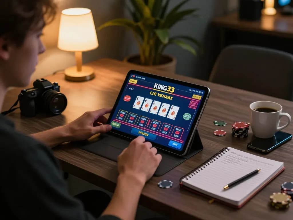 king33 player engaging with online casino tablet, strategic betting notes visible