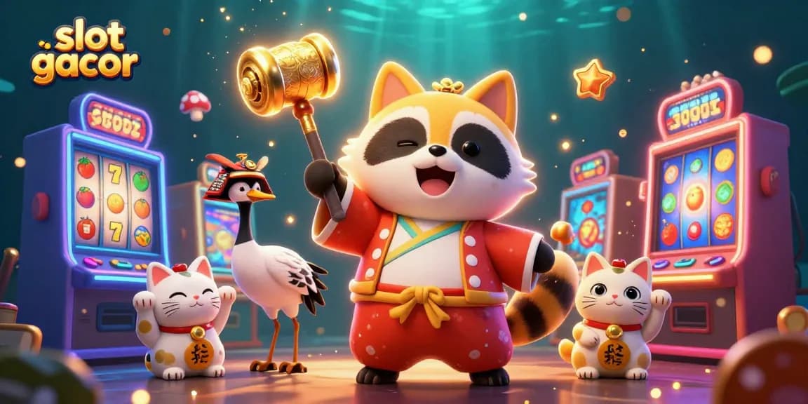 Engage with slot gacor dynamics through a cheerful tanuki, crane, and waving fortune cats in a vibrant scene.