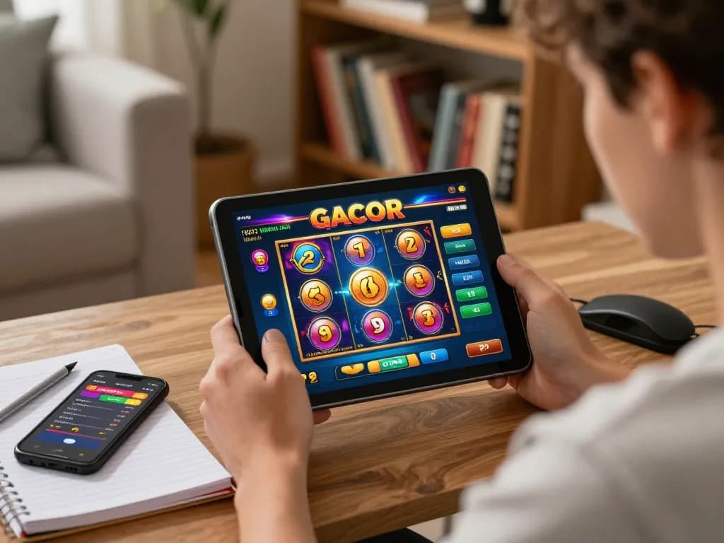 Engaged player enjoying slot gacor on tablet at home, showcasing immersive gaming atmosphere with strategy notes.