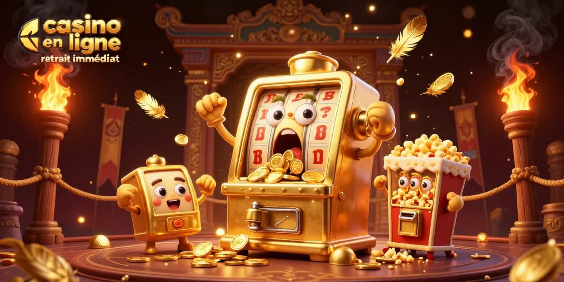Machine à sous en ligne retrait immédiat remportant un jackpot avec des pièces d'or déversées.