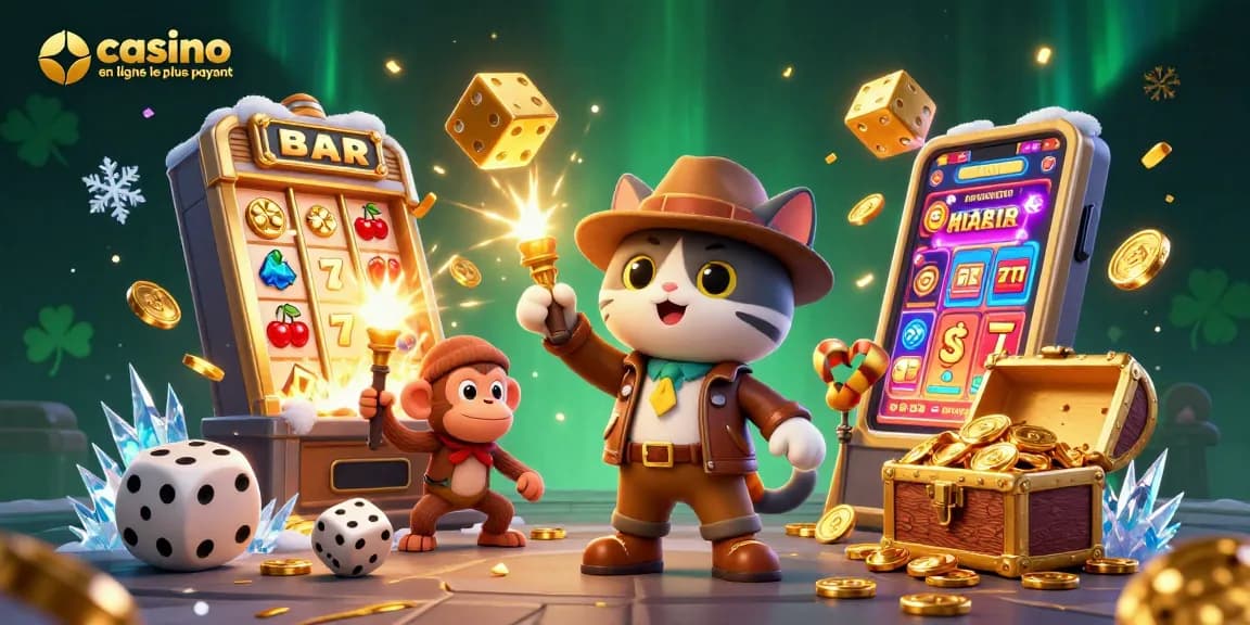 Illustration ludique représentant le casino en ligne le plus payant, avec un chat archéologue et ses trésors.
