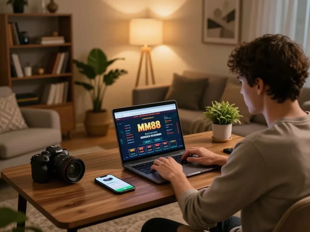 Engaging in gameplay on the Website MM88 app, showcasing a home gaming environment.