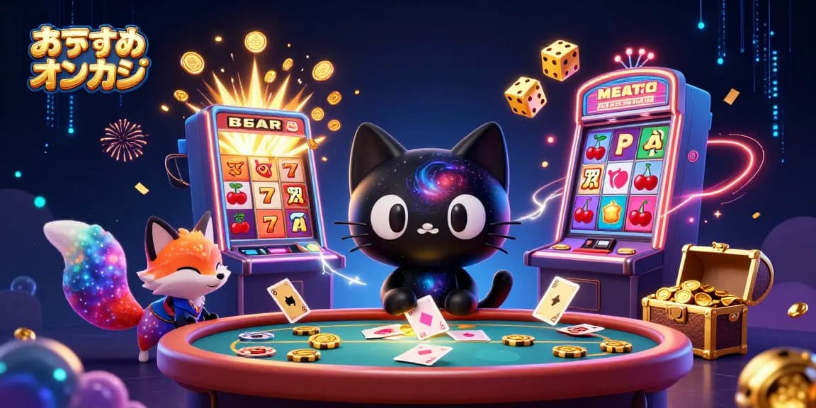 おすすめオンカジのカジノテーブルでブラックホールキャットがチップを引き寄せるイラスト