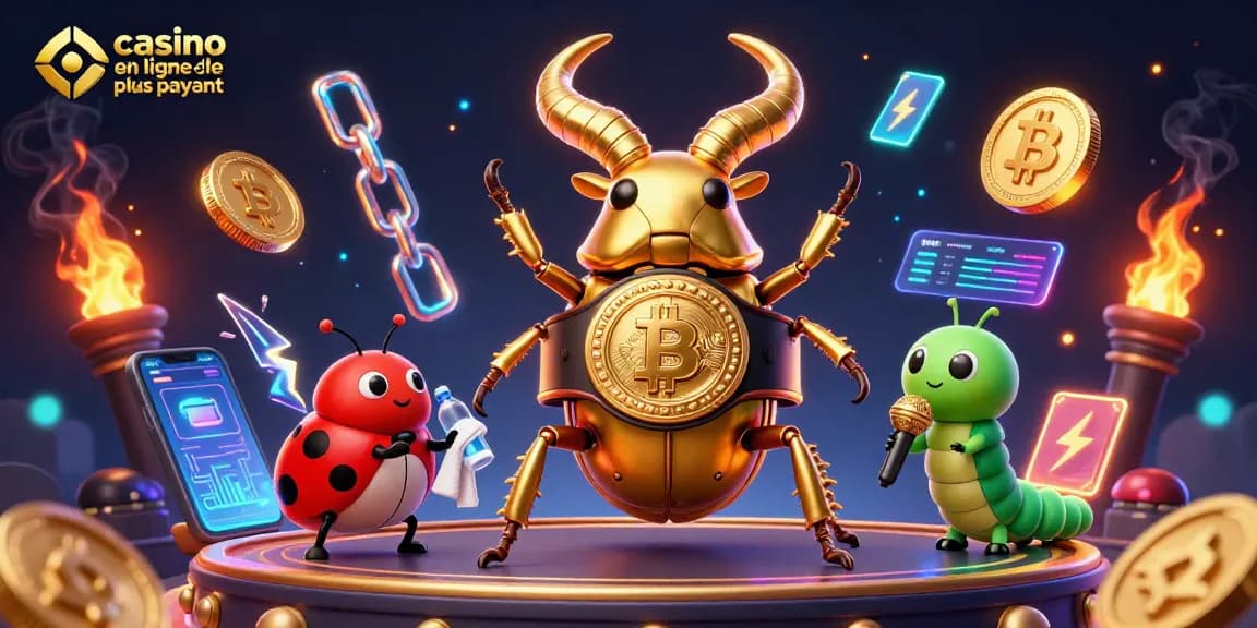 Illustration dynamique de casino en ligne le plus payant avec un scarabée géant en ceinture de champion et des éléments de crypto-monnaie.