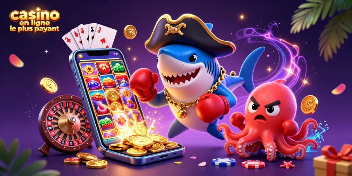 Une scène animée avec un requin pirate en 3D et une pieuvre, illustrant le casino en ligne le plus payant avec des jeux et des pièces d'or.