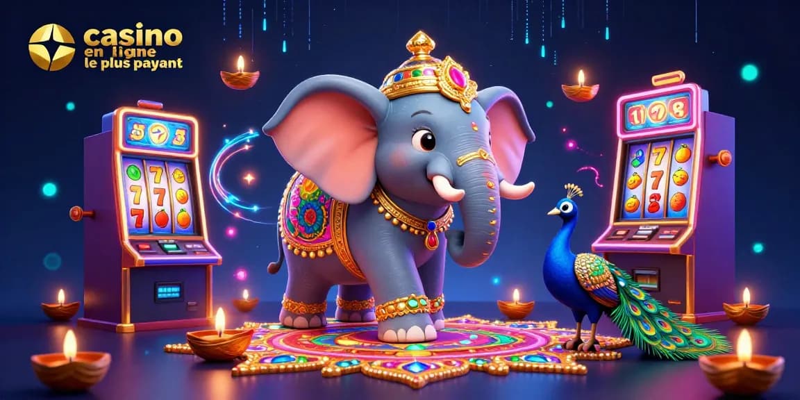 Illustration captivante montrant le casino en ligne le plus payant avec un éléphant en décorations dorées et des machines à sous dynamiques.