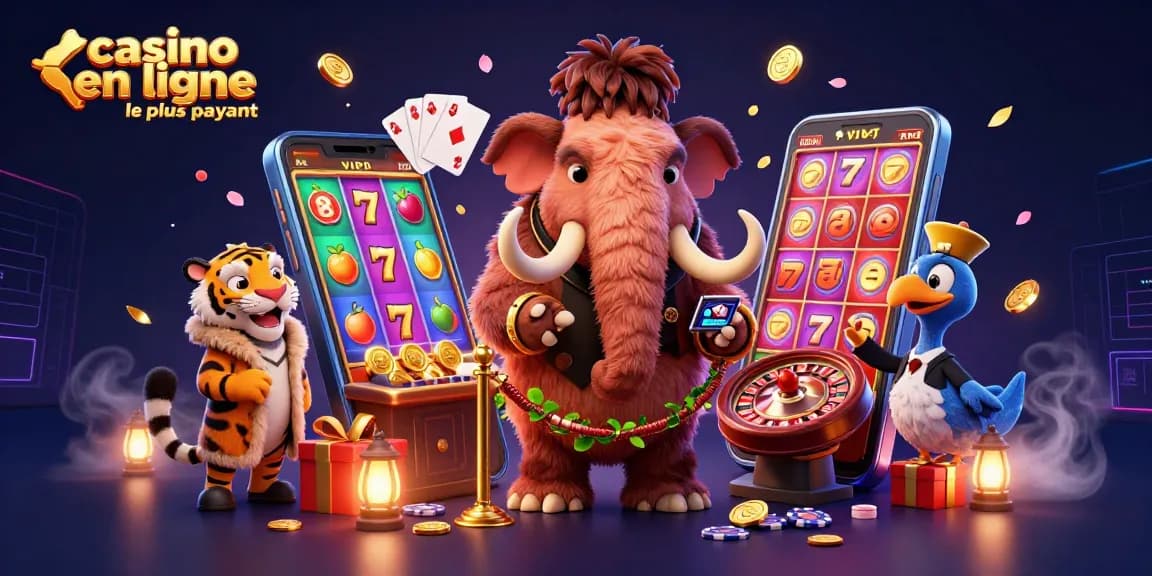 Casino en ligne le plus payant : illustration dynamique d'un mammouth et d'un tigre dans un casino