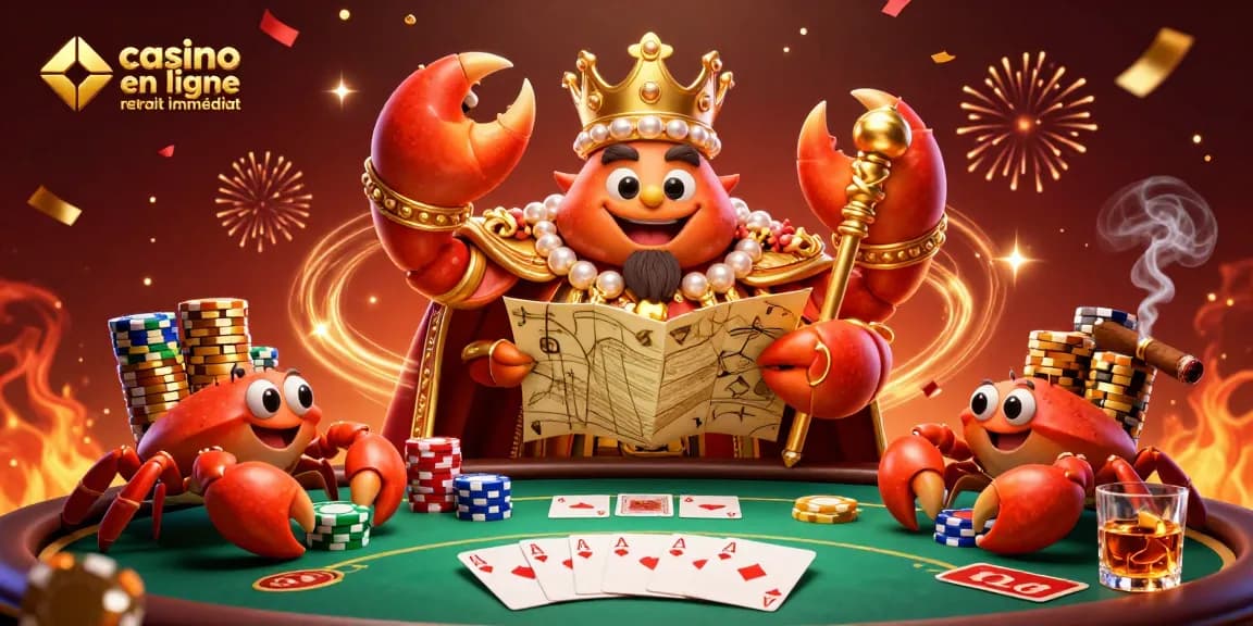 Profitez de l'expérience de jeu avec casino en ligne retrait immédiat illustrée par un crabe doré et des éléments de poker.
