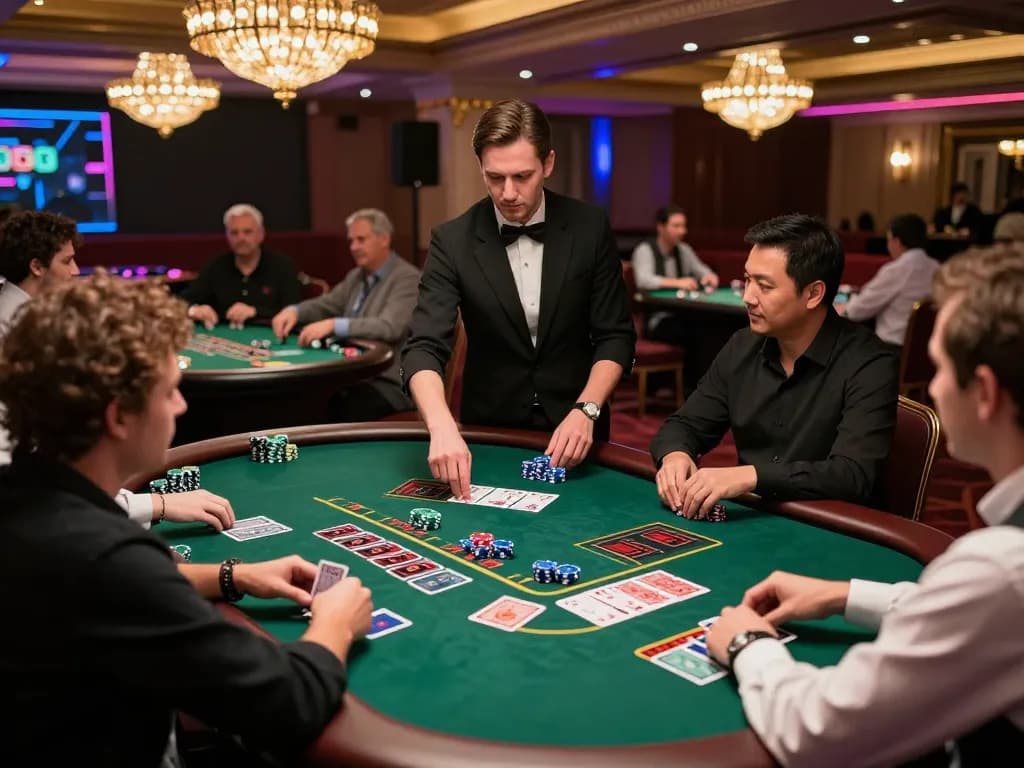 UU88 players engaging at a classy Blackjack table in a vibrant casino environment