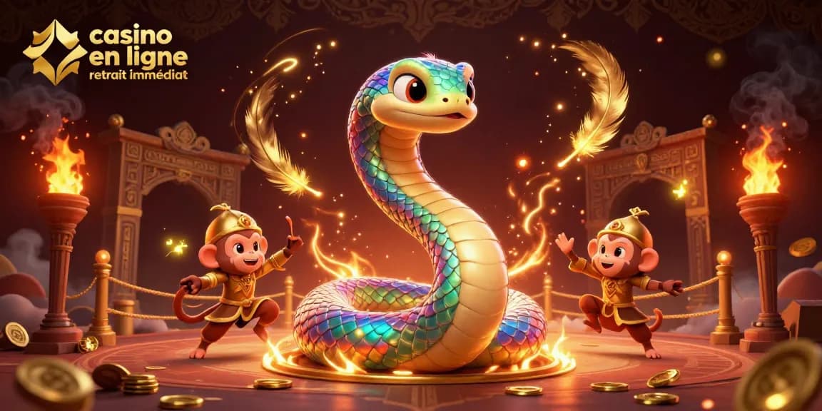 Retrait immédiat dans un casino en ligne, serpent coloré et roi des singes entourés de jetons d'or.
